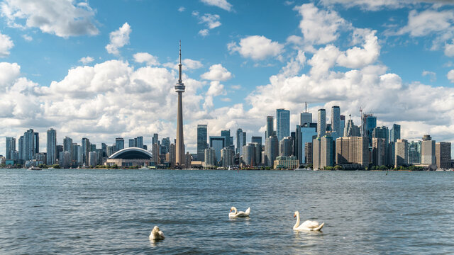 Toronto, Ontario, Canada, panoramic view of Toronto skyline and Lake Ontario during summer.