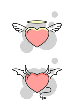 Devil heart and angel heart illustration. Flat style. Isolated. 