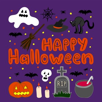 Hand drawn colorful card 'happy halloween', doodle. Vector illustration. EPS 10