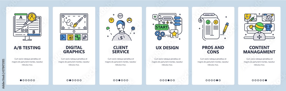 Poster design thinking process. digital graphics ab testing customer service. mobile app screens vector web