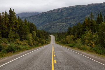 Fototapeta na wymiar Beautiful Scenic Road, Klondike Hwy, in the Canadian Nature during Fall Season. Taken in Yukon, Canada.