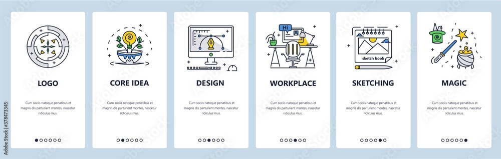 Wall mural graphic designer workspace. logo creation, core brand idea, sketching. mobile app screens vector web