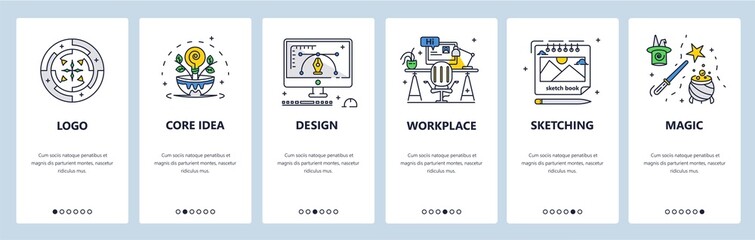 Graphic designer workspace. Logo creation, core brand idea, sketching. Mobile app screens vector website banner template