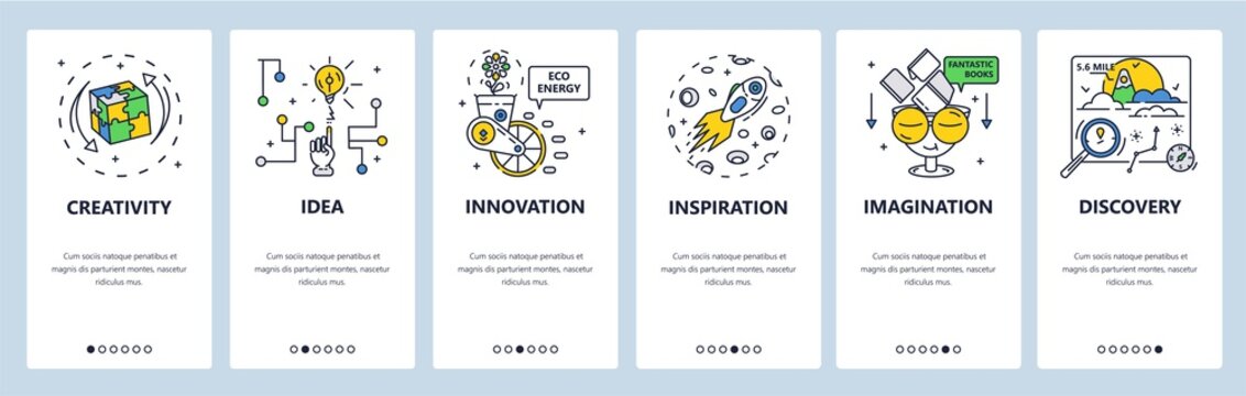 Brainstorm, creative solution, innovation, imagination, inspiration. Mobile app screens, vector website banner template.