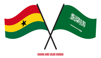 Ghana and Saudi Arabia Flags Crossed And Waving Flat Style. Official Proportion. Correct Colors.