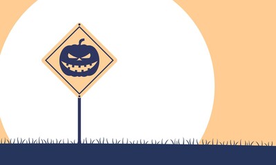 Warning yellow road sign with pumpkin head icon