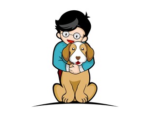 Cartoon Mascot  Character of a Young Smart Kid Hugging His Dog