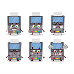 Grey payment terminal cartoon character with various angry expressions