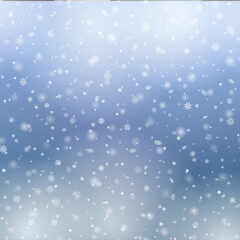 Fototapeta na wymiar Christmas background with falling snowflakes on blue sky. Vector