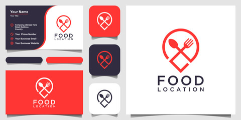 Fototapeta na wymiar food location logo design, with the concept of a pin icon combined with a fork and spoon. business card design