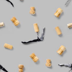 seamless pattern wine corks on a white backlit background. wine seamless pattern with corks and corkscrew for fabric print, paper print, wallpapers, design.