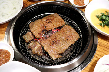 korea beef ribs roasting on charcoal fire. Grilled Beef on the stove.