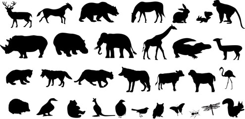 Fototapeta premium Collection of animal silhouettes, Rhino, Deer, Fox, giraffe, Elephant, Elk, Monkey, Lion, Sheep, Rabbit etc.