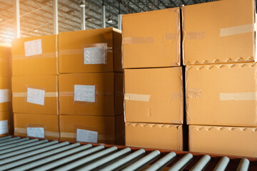 Shipment, Delivery service,  Distribution warehouse. Stack of cartons product boxes at the warehouse storage.