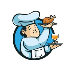 chef with a piece of chicken and a glass of wine logo. vector illustration