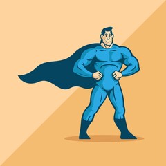 blue superhero. standing pose. logo character. vector illustration