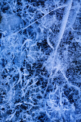 Detailed macro photo of Frosty drawing on ice of lake in cold winter. Nature background.