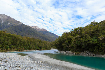 Fototapeta na wymiar Nature landscape photo of Blue Pools in Mount Aspiring National Park, New Zealand.