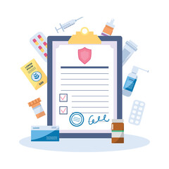 Healthcare insurance contract on clipboard, flat vector illustration isolated.