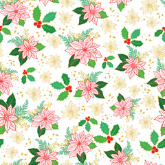 Seamless Christmas pattern with red, gold poinsettia, holly, mistletoe and berries on white background design