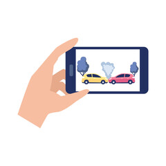Phone with car road accident on screen, flat vector illustration isolated.