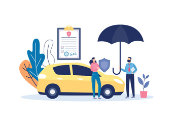 Car insurance banner with agent holding an umbrella, flat vector illustration.