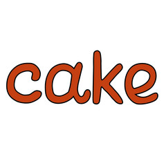 Hand drawn word CAKE, made in rouded letters. Red-brown, reddish brown, russet text letters and black outline, line art. Hand made calligraphy.
