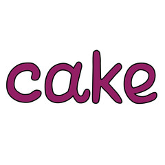Hand drawn word CAKE, made in rouded letters. Purple text letters and black outline, line art. Hand made calligraphy.
