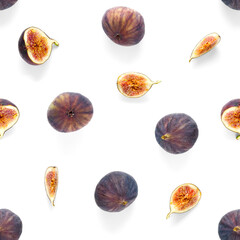 Seamless pattern with ripe figs. Tropical abstract background. Figs on the white background. Seamless pattern for print, textile, wallpapers