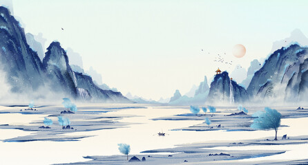飘雪的The cold winter landscape, with snowflakes. Oriental winter ink landscape painting
