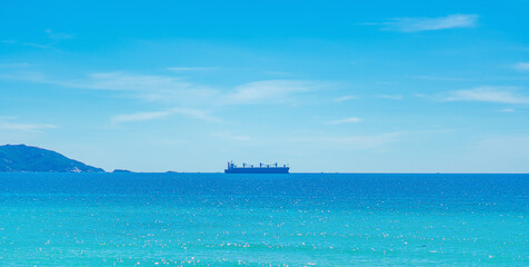 Beauty panorama skyline in pure blue azure sea, clear sky background, empty sea only sailing vessel...