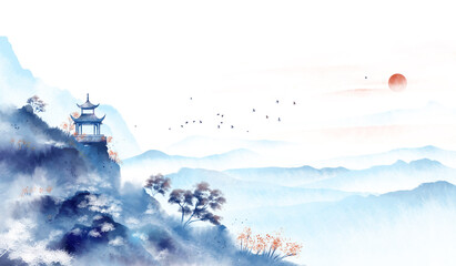 Blue ink landscape painting, oriental color ink painting.Asian culture.