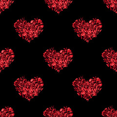 Fototapeta na wymiar Seamless pattern red heart made of flower petals black background isolated, beautiful heart shape floral repeating ornament, valentines day wallpaper, love print, romantic holiday decoration, backdrop