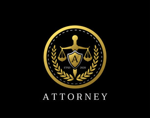 Letter A Law Logo design with golden sword, shield, wreath symbol vector design. Perfect for for law firm, company, lawyer or attorney office logo.
