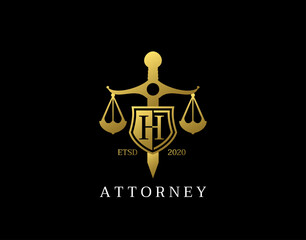 H Letter Law Logo design with golden sword, shield, wreath symbol vector design. Perfect for for law firm, company, lawyer or attorney office logo.