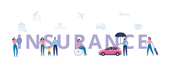 Insurance banner with huge inscription and symbols flat vector illustration.