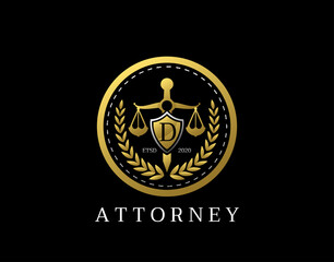 Letter D Law Logo design with golden sword, shield, wreath symbol vector design. Perfect for for law firm, company, lawyer or attorney office logo.