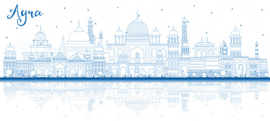 Outline Agra India City Skyline with Blue Buildings and Reflections.