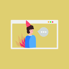 People Celebrating birthday with Video call conference at Home vector flat illustration. Man and woman at modern area with computers isolated. Modern 