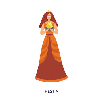 Hestia Greek goddess of the hearth and fire flat vector illustration isolated.