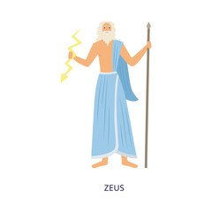 Greek Olympian god Zeus with thunderbolt flat vector illustration isolated.