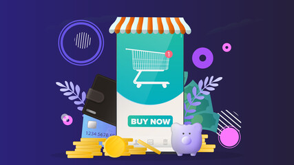 Shopping banner. Phone with online store application. Buy button. Cart, new order. Bank card, piggy bank, gold coins, wallet. Online shopping and payment concept. Vector.