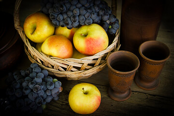 Grapes, apples and wine