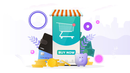 Naklejka premium Shopping banner. Phone with online store application. Buy button. Cart, new order. Bank card, piggy bank, gold coins, wallet. Online shopping and payment concept. Vector.