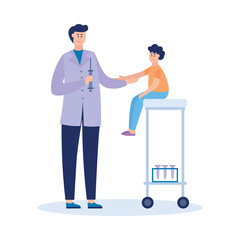 Child and doctor holding syringe with vaccine flat vector illustration isolated.