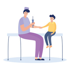 Doctor giving vaccine to child - cartoon nurse holding big syringe