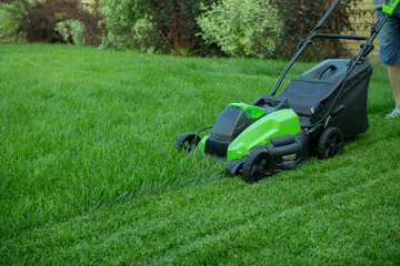 Fototapeta premium Lawn mower on a green lawn.