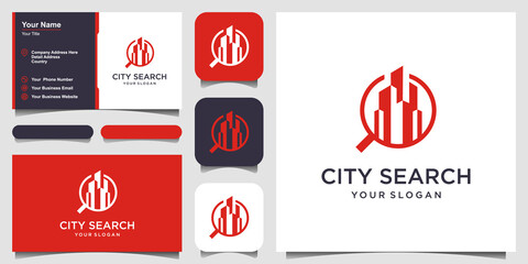 Fototapeta na wymiar symbol city Search. City in a magnifying glass logo template. Skyscrapers and magnifier vector design. and business card design