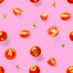 Seamless pattern with red ripe tomatoes. Tomato isolated on rose background. Vegetable abstract seamless pattern. Organic Tomatoes flat lay