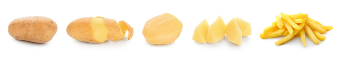 Raw and fried potatoes on white background